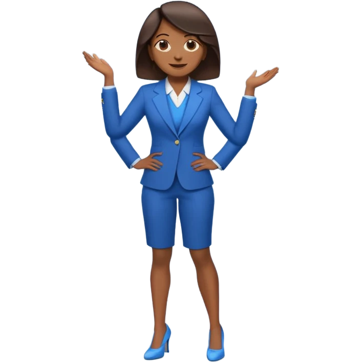 black woman in a blue smart suit and shoes, standing with hands by her side, looking to the right, emoji style emoji