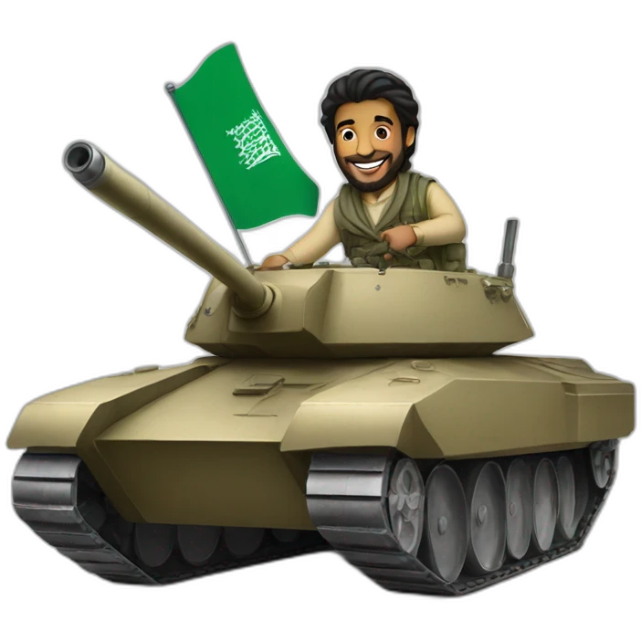 Prince from Saudi Arabia riding on a tank, smiling emoji
