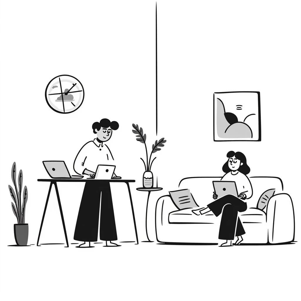 escenary 3d of a cozy mid-century living room with two people working on laptops, one man standing at a desk and one woman sitting on a couch, two walls and floor visible emoji