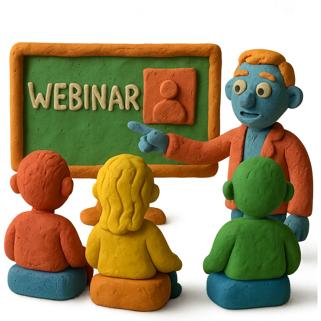 claymation style webinar with plasticine presenter and audience, playful look emoji