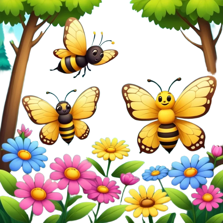 butterfly and bee flying near flowers in a forest, cheerful expressions emoji