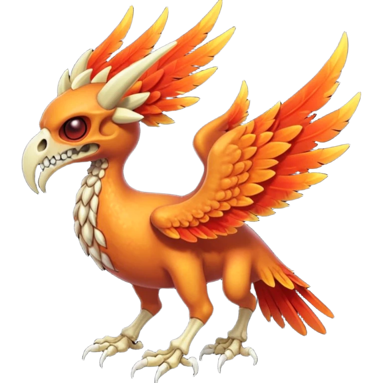Skeletal skull-faced feathery fiery winged horned Amaura-Aurorus-Pokémon-Fakémon-hybrid-fusion-creature, full body emoji
