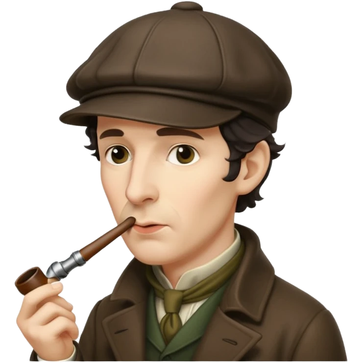 A side view of Sherlock Holmes wearing a deerstalker hat with a curved meershaum pipe held to his lips emoji