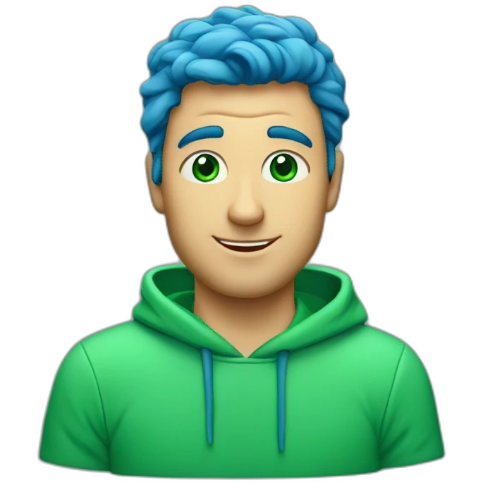 a man, green eyes, blue sweatshirt, green rubies on his head, waves hello emoji