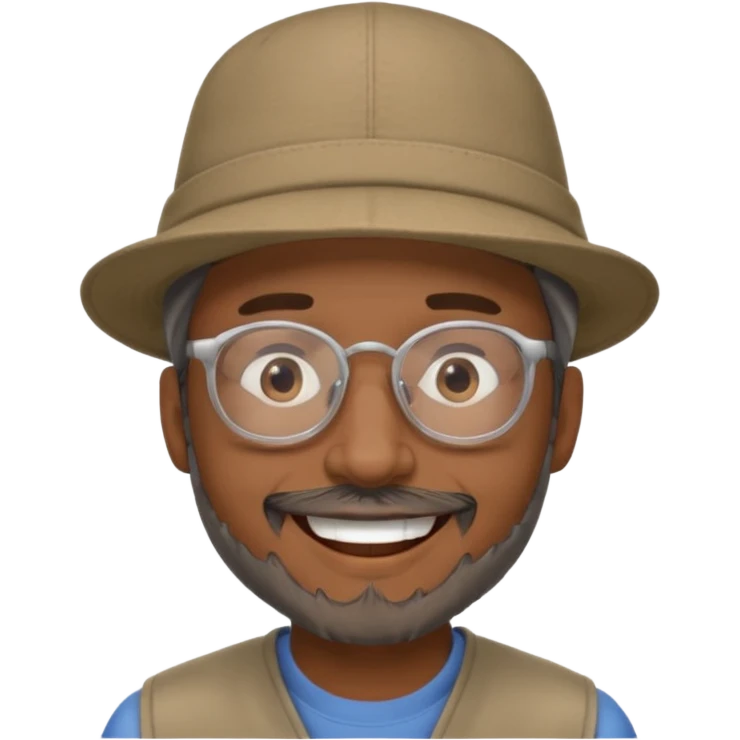 Brown man smiling no teeth showing with hat, clear glasses and gray goatee emoji