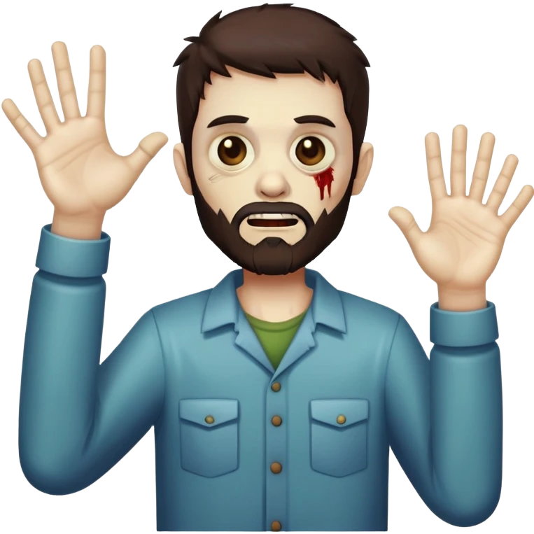 zombie with hands raised in celebration, dark brown hair and short full beard emoji