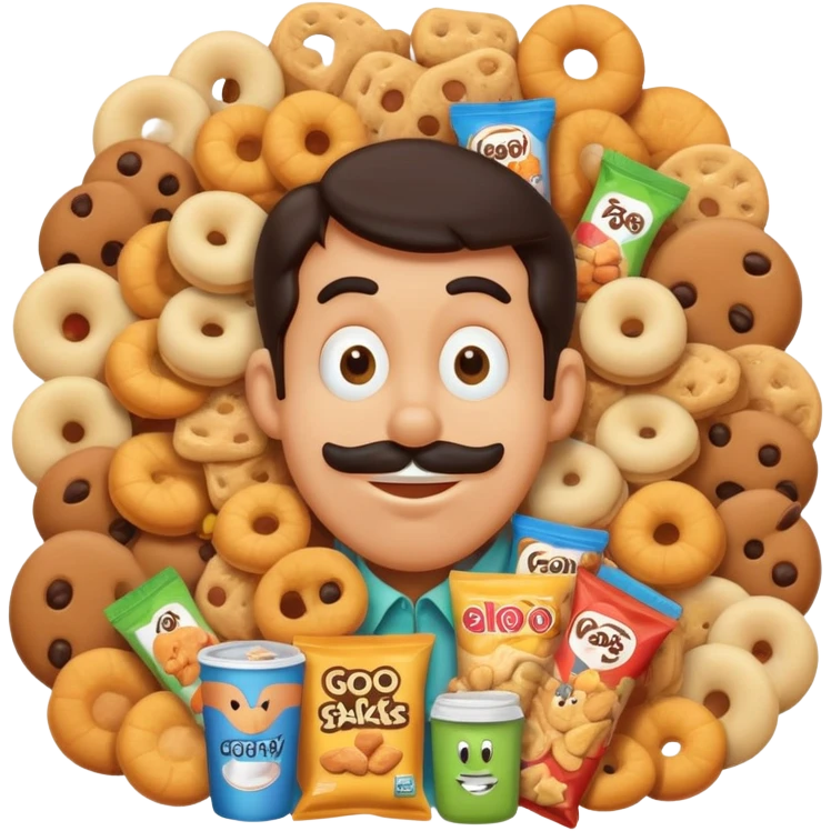 goofy, overstuffed character surrounded by too many snacks, playful and whimsical emoji