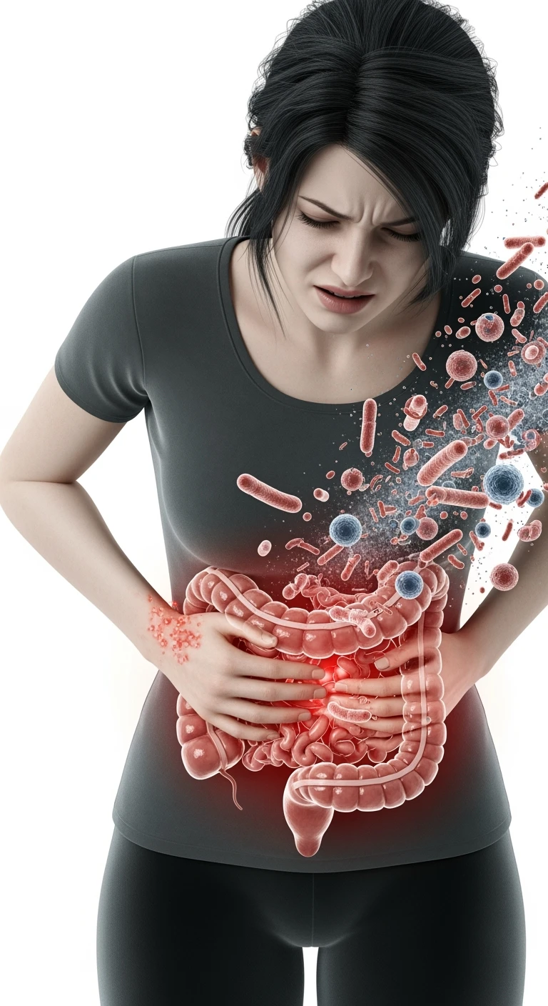 DONNA CON MAL DI PANCIA E INTESTINO UMANO ANATOMICO VISIBILE, BATTERI INTESTINALI FLUTTUANO INTORNO, IPERREALISTICO 4K, SFONDO BIANCO emoji