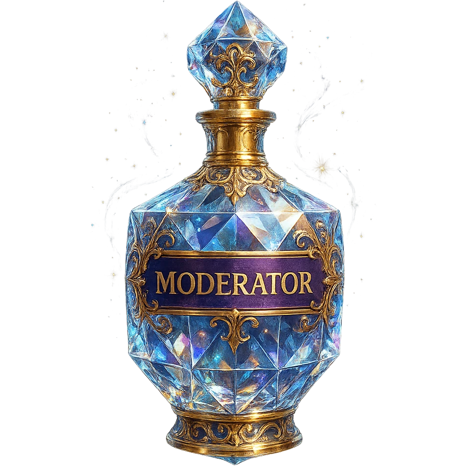 very luxurious crystal elixir bottle with the inscription 'Moderator', lots of shining, facets, ornaments, golden details, magical effects, very small golden neck, transparent background, beautiful seamless bottom, bottle clearly floating in the air without base or shadow, premium class, modern, matching the collection emoji