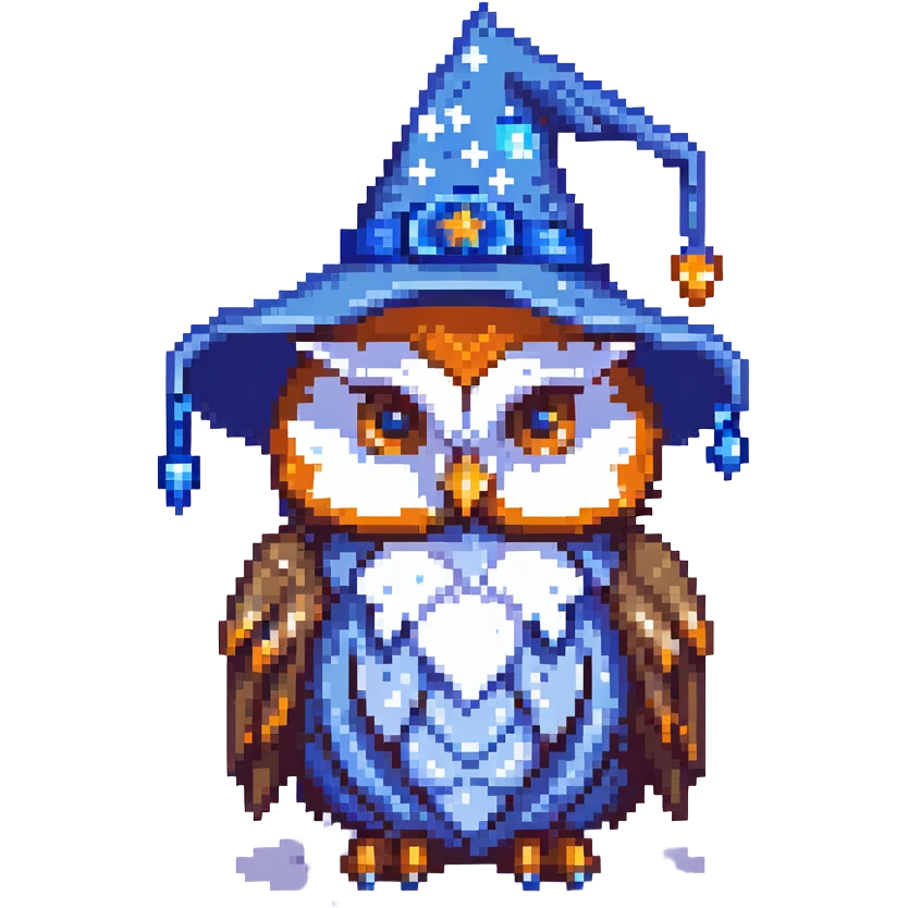 owl with a blue wizard hat and stars emoji