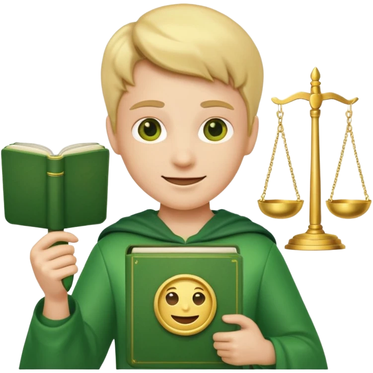 simple emoji-style face with happy or neutral expression holding a green book and a gold justice scale, shield in the background emoji