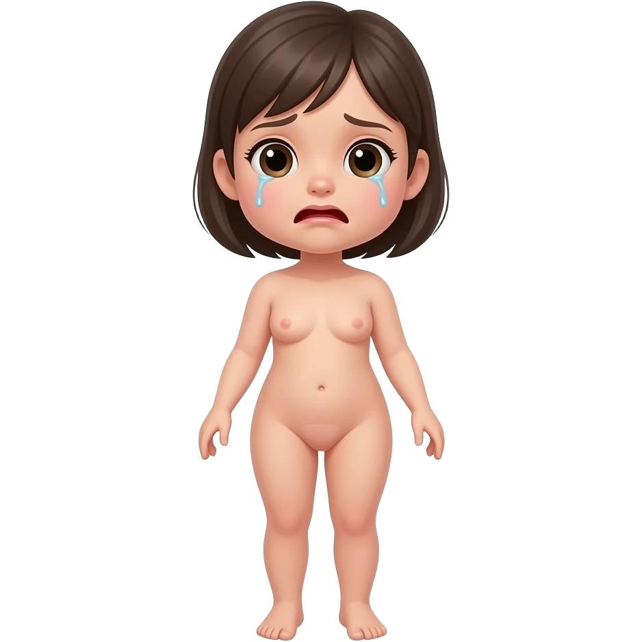 Full body, small little nude girl, flat chest, crying thin hips and ass, thin pussy, middle age emoji