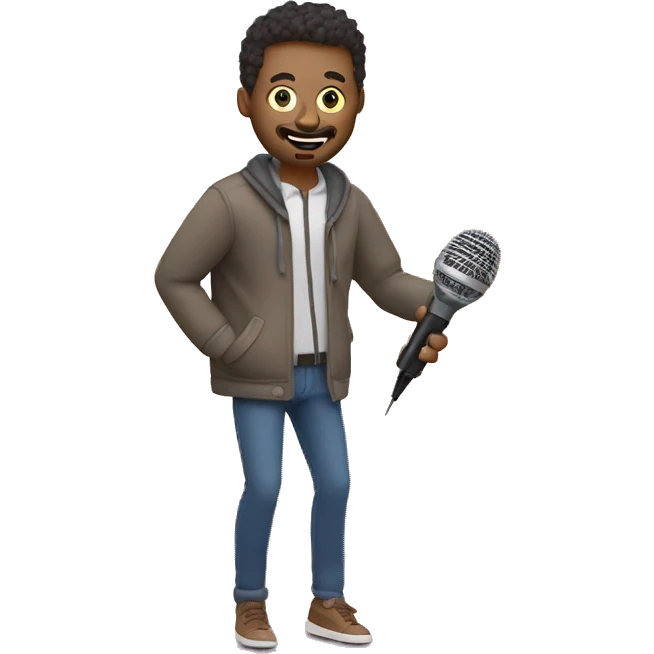 question mark man wearing a jacket running to the screen with a podcasting mic on one hand and pencil on another, roundel style background and add some depth emoji