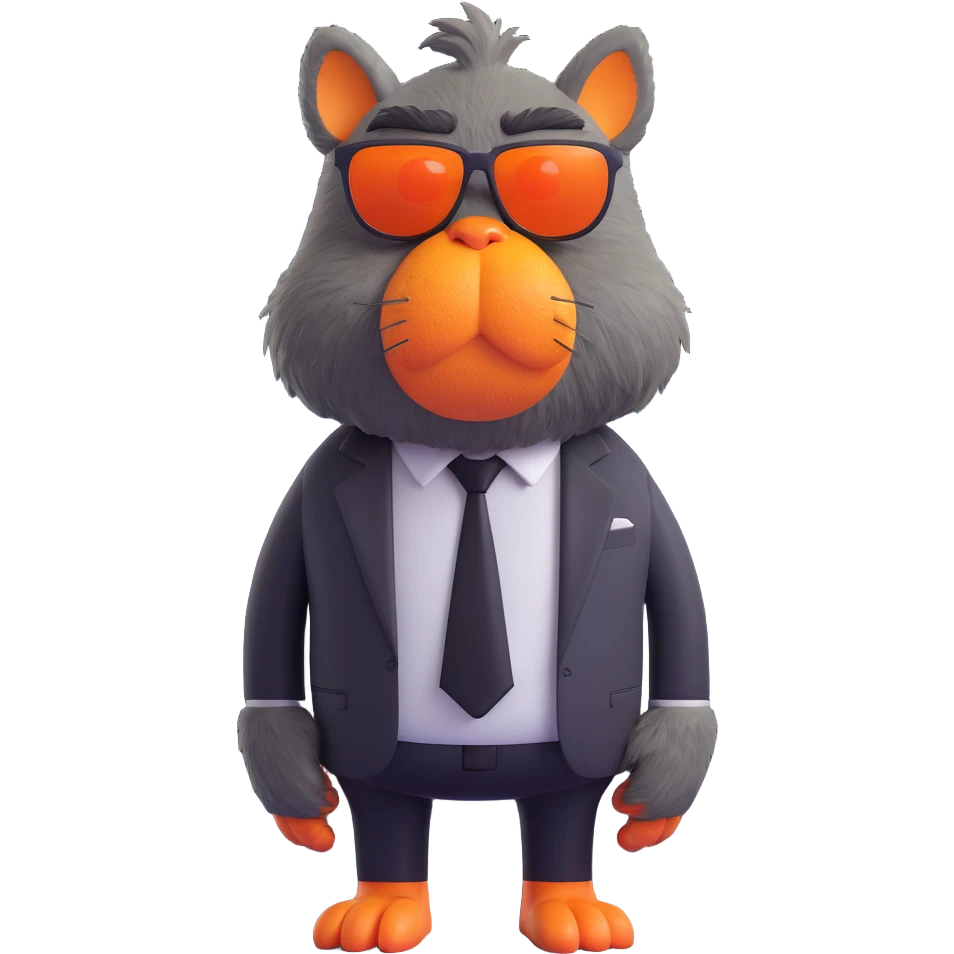 large furry cartoon creature with big orange nose, wearing sunglasses and black tie, standing upright, looking slightly to the left, grumpy expression, centered full body, plain blue background, 3D rendering style, smooth textures, bright lighting, humorous and playful mood emoji