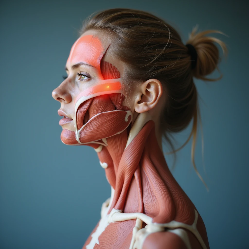 realistic anatomical standing view of a woman with head and neck muscles highlighted, reddened head area, headache expression, clinical environment emoji