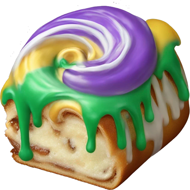 Realistic slice of cinnamon roll king cake with green,yellow,and purple icing. emoji