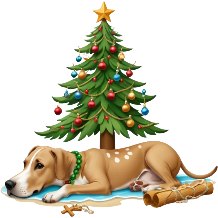 Fawn Great Dane laying on a tropical beach with a Christmas tree and dog bones under the tree emoji