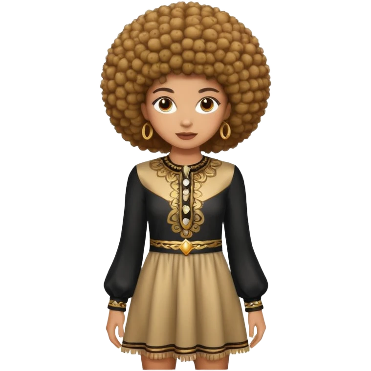 A light brown skinned who have afro type of hair and wearing a long sleeve dress with fringes emoji