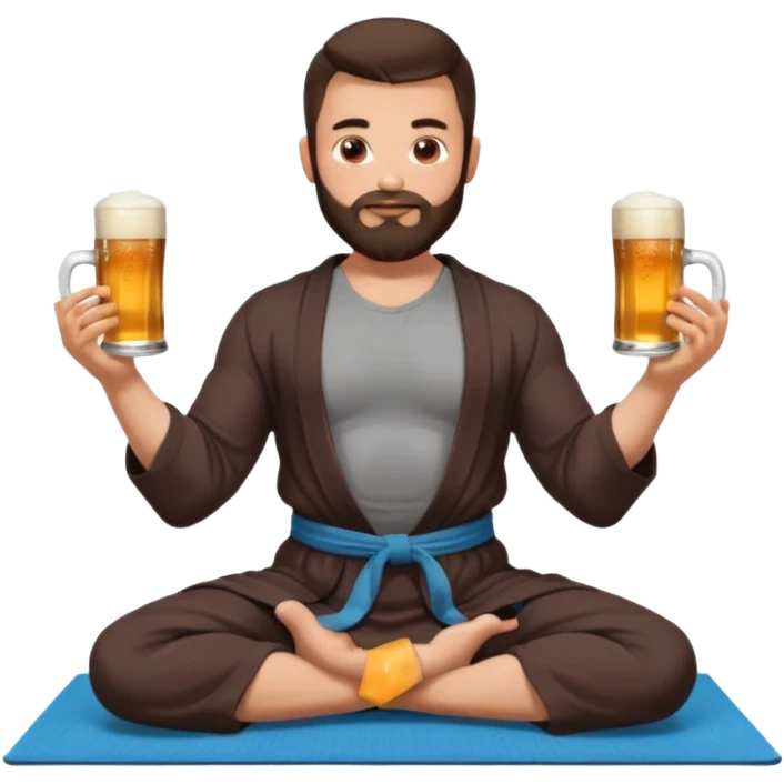 slavic muscled guy with dark brown hair and beard, sitting in yoga pose on a mat, dark colors robe, long and volume dark hair, holding beer mugs in two hands, sitting emoji
