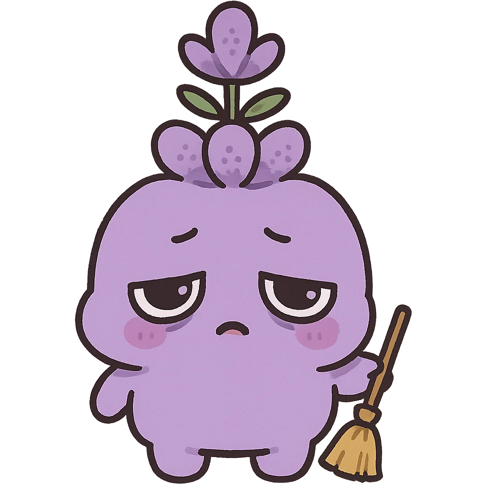 kawaii chibi style chubby lavender flower character, lavender color, droopy eyes, tired face, holding a tiny broom, full-body emoji