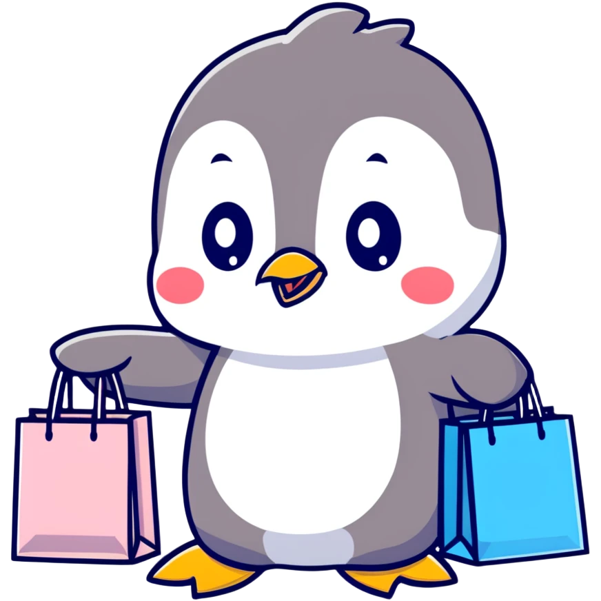 kawaii baby penguin at a shopping mall with shopping bags emoji