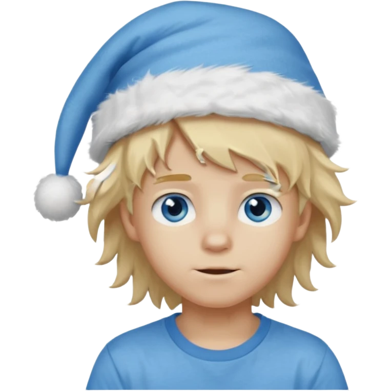 create boy blonde hair long messy, light eyes, white t shirt, rich, long hair, eyes blue, acessory head cristimas blue hat, long hair, fluffy hair emoji