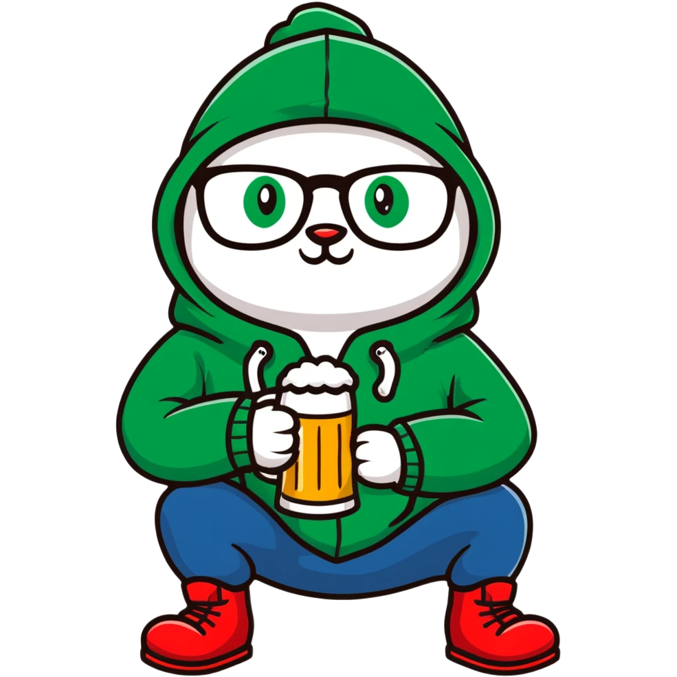 Catfish wearing a red hooded winter jacket, round glasses, blue jeans, red boots, holding a beer can with red label emoji