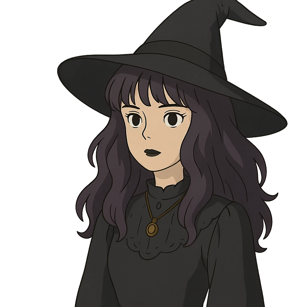 gothic woman with purple hair, witchy touch, in ghibli style emoji