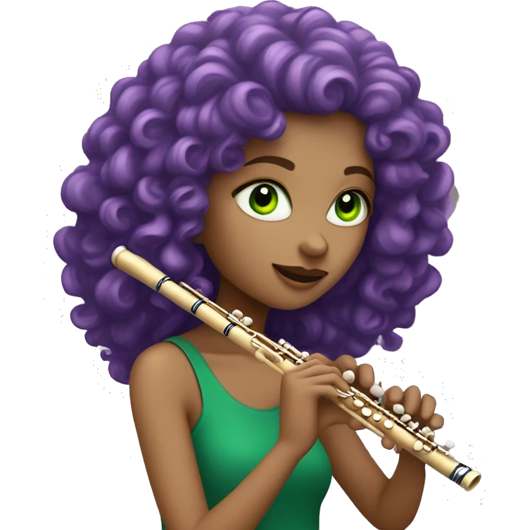 White girl with purple curly hair and green eyes playing flute emoji