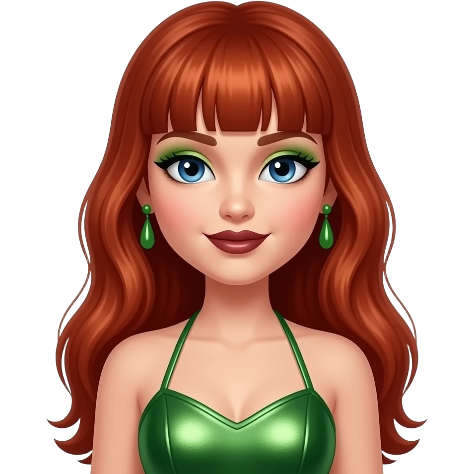 Meygan from Bratz with blue eyes, long red hair with bang, green eyeshadow, dark brown lipstick, green metallic halter dress, green earrings emoji