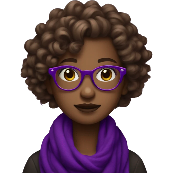 Emoji girl with curly brown hair, neon heart glasses, dark purple pashmina ￼over head emoji