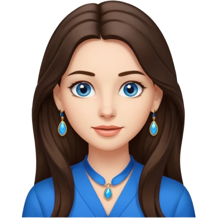 
Create an emoji of a brunette with blue eyes. She should have long hair, stylish clothing, and a friendly facial expression. Add some accessories like earrings or glasses to make the look more interesting. emoji
