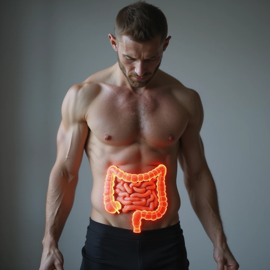 realistic man in sportswear, body showing signs of inflammation: swollen abdomen, reddened skin, intestine highlighted with red areas, atmosphere of discomfort, neutral background, 4K quality emoji