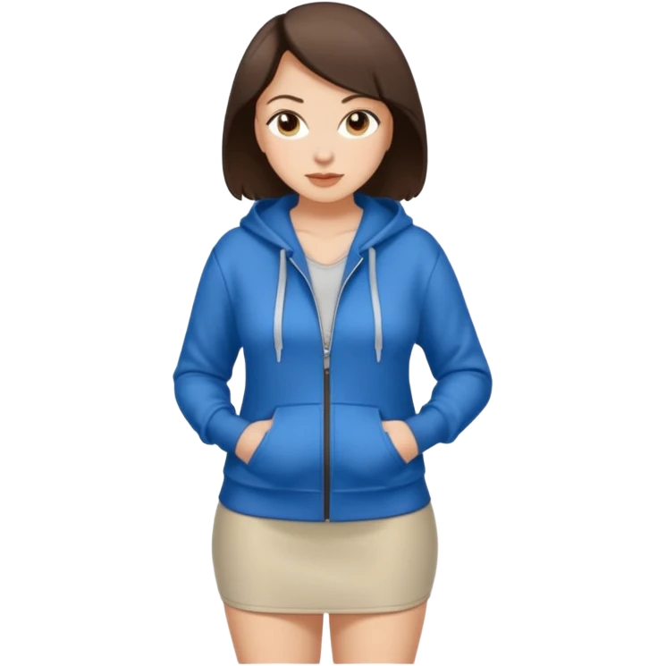 Pretty, sexy, slightly curvy white woman with short dark brown hair, wearing only a tight, front zippered hoodie and a miniskirt  emoji