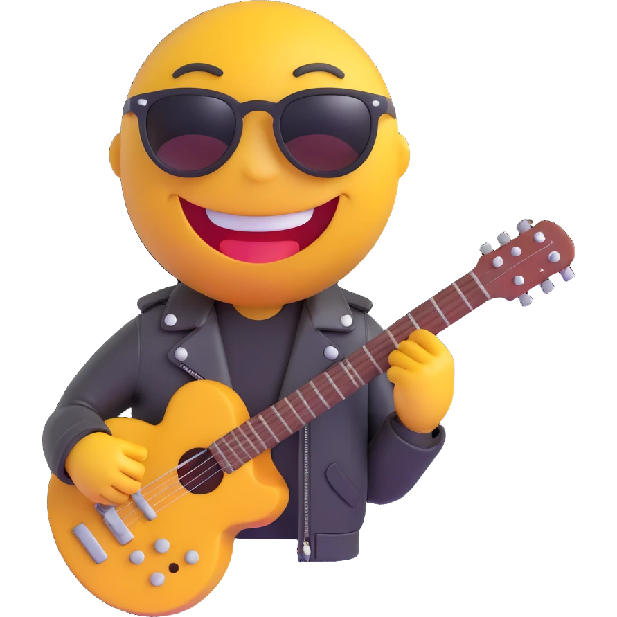 3D smiley emoji, round shape, rocker motorcyclist: with guitar, leather jacket, sunglasses, funny face emoji