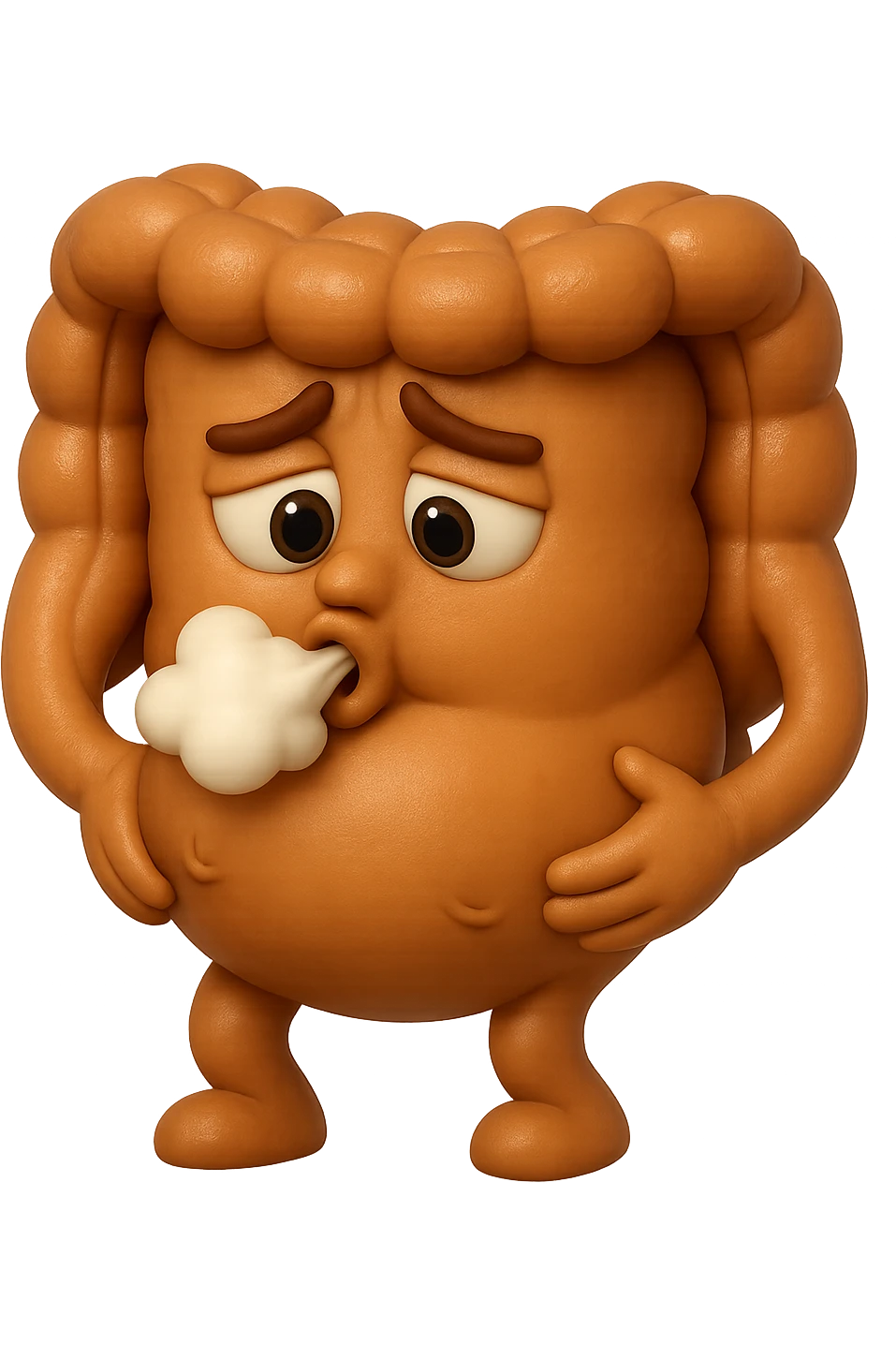emoji stile iphone di un intestino che ingoia una nuvoletta di aria ben visibile e gli si gonfia la pancia, iperrealistico 4k emoji