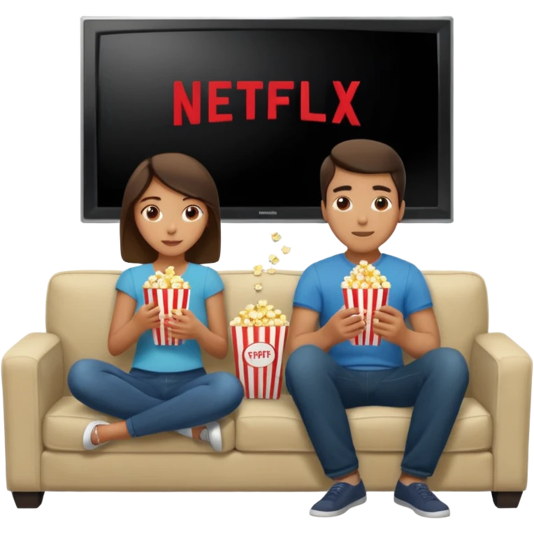 Crea un emoji dove si vedono un uomo e una donna mangiano i pop corn su un divano e guardano la televisione, nella televisione ci deve essere scritto netflix emoji