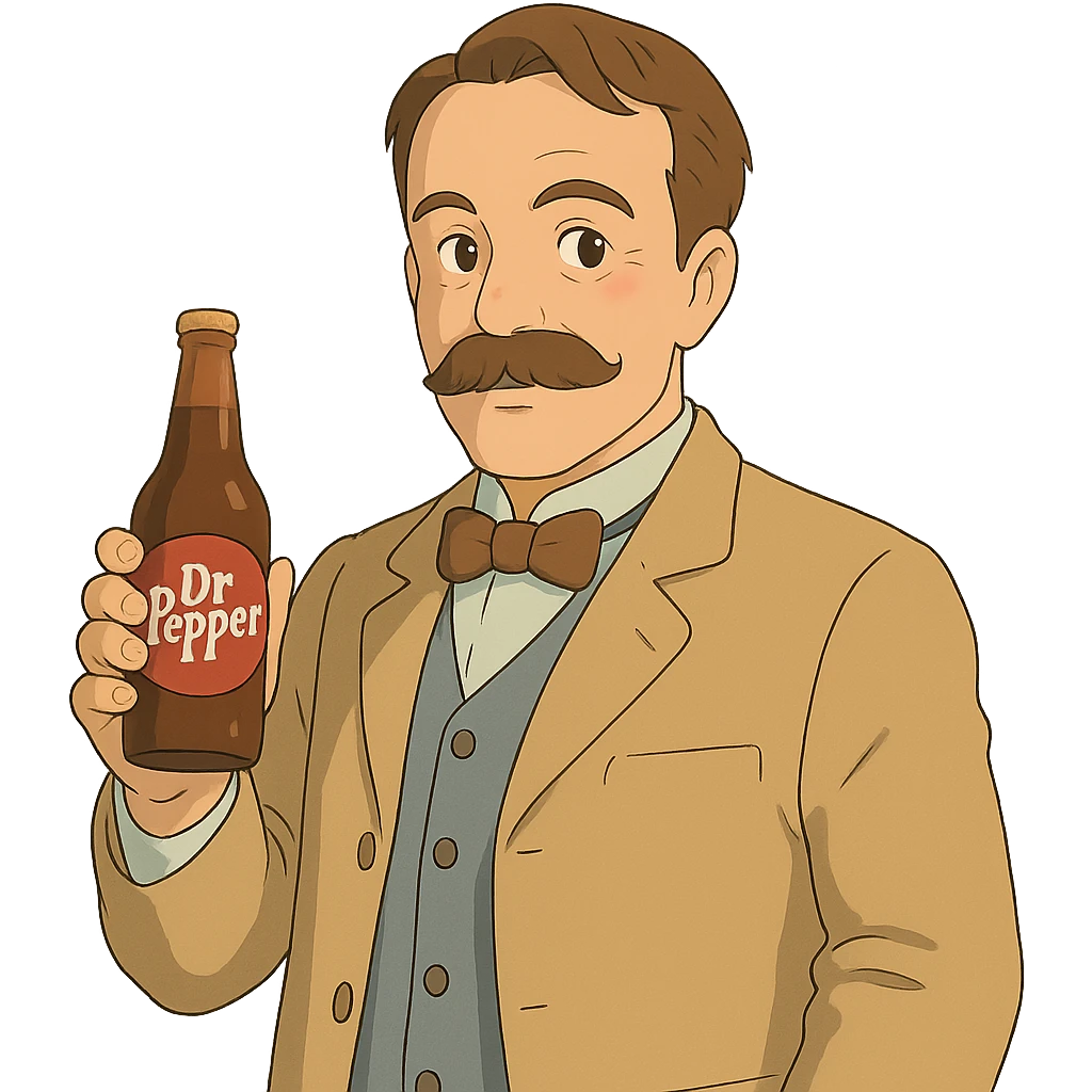 Charles Alderton holding a Dr Pepper in ghibli style emoji