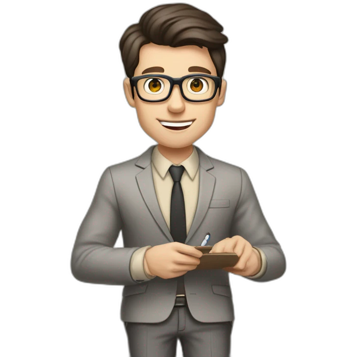 Pale skinned fit man with dark brown hair in gray jacket, beige office shirt, brown tie, brown pants and vintage glasses Writing text on the flipchart emoji