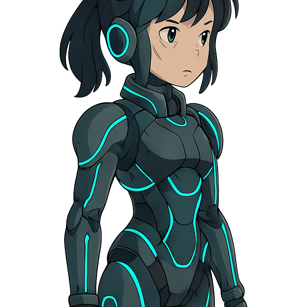 futuristic cyborg girl, anime-inspired, sleek armor, neon highlights emoji