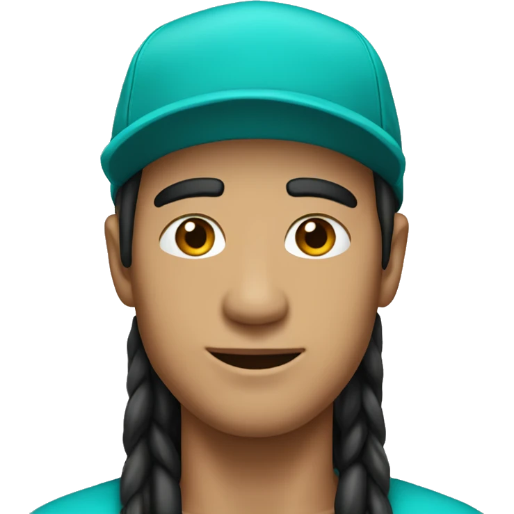 Generate an emoji of a man wearing a turquoise cap with long black hair. emoji