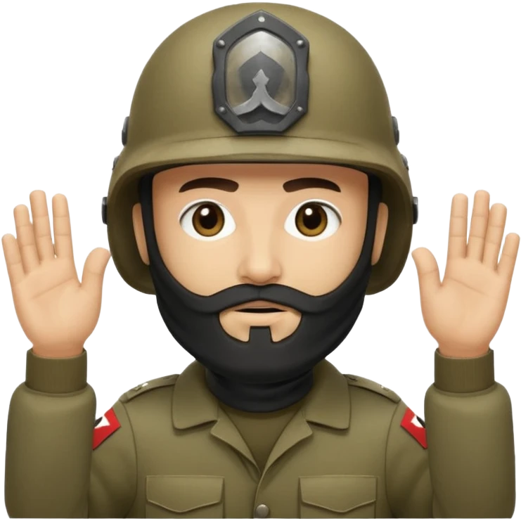 
surrenders, depicts an Iraqi soldier from 1980, with a beard, in a helmet, there are no signs on the helmet, with a balaclava, with sad eyes and raised hands emoji