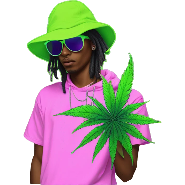 Hemp leaves Multicoloured neon person smoking wearing hoodie dancing hip hop bucket hat tropical Skater fashion aesthetic baggy clothes graphic t shirt 420 emoji