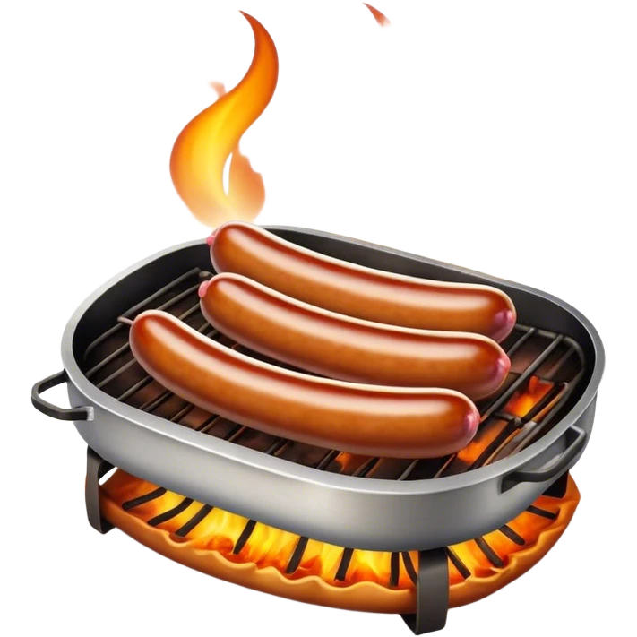Cinematic Realistic Sausage Sizzle Dish Emoji, featuring sizzling sausages cooking over an open flame rendered with dynamic textures and warm, smoky lighting. emoji