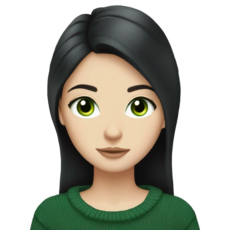 White girl with black hair and green eyes in a black sweater reading emoji