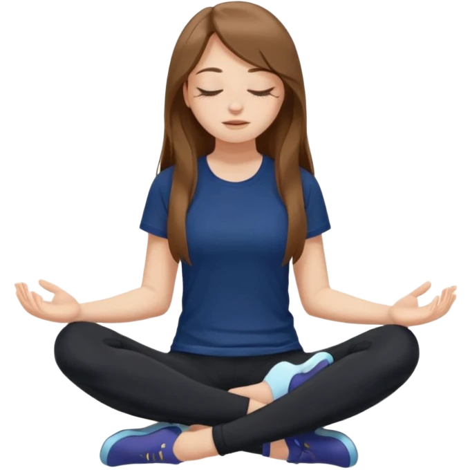 Brown long haired white girl with closed eyes in dark blue leggings and a black t-shirt sits on the splits emoji
