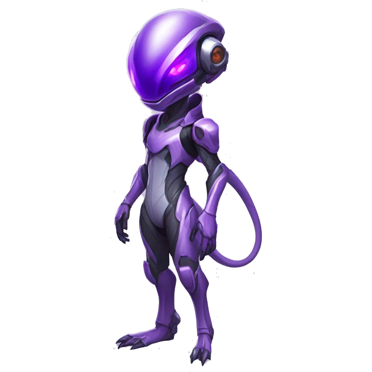 A purple Reptile-Raptor-Alien-Genesect-Mewtwo-Fakémon, with a futuristic visor-helmet, wearing a techwear-suit, Full Body emoji