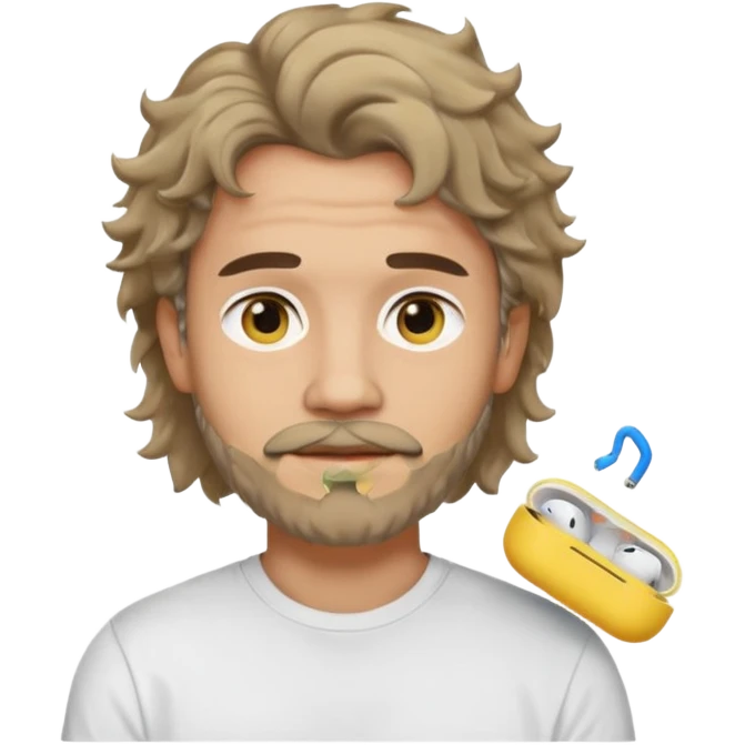 light skin man with a faded beard, wavy hair, and a mullet, wearing a t-shirt and AirPods, emoji style emoji