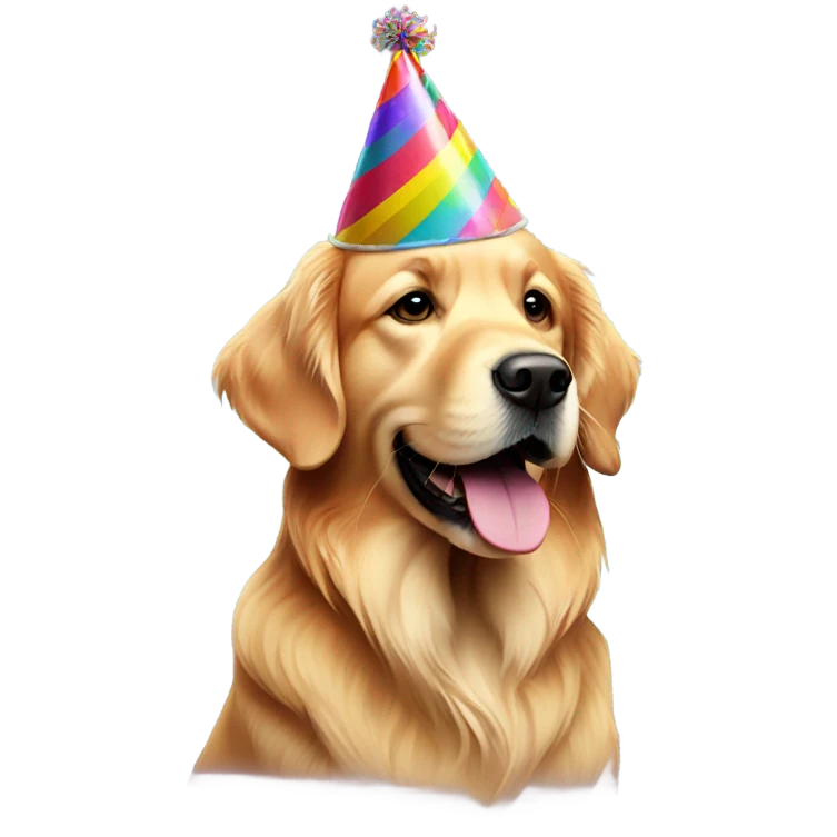 Golden retriever wearing birthday hat emoji