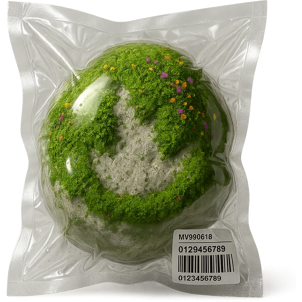 light gray rock covered with green moss and tiny multicolored flowers, shiny and inflated emoji